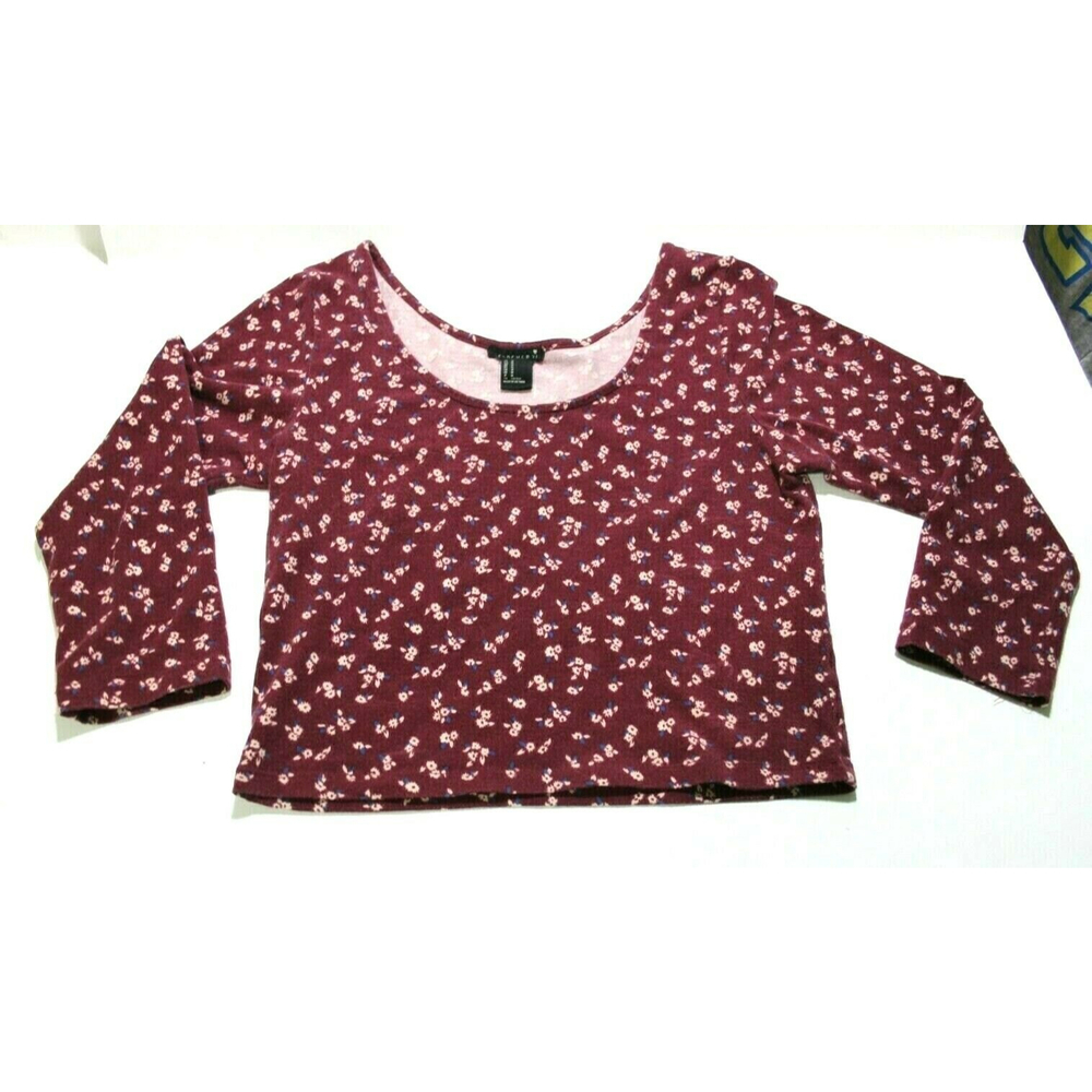 Forever 21 Women Maroon Small Floral 3/4 Long Sleeve Crop Top Scoop Neck Size M